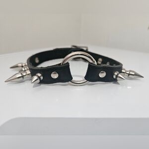 Collar Necklace Leather With Spikes, Ring, Buckle